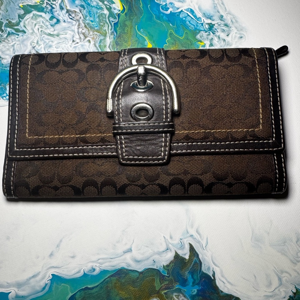 COACH Signature Trifold Wallet, silver tone Buckle, DRK BROWN/BLACK LEATHER TRIM